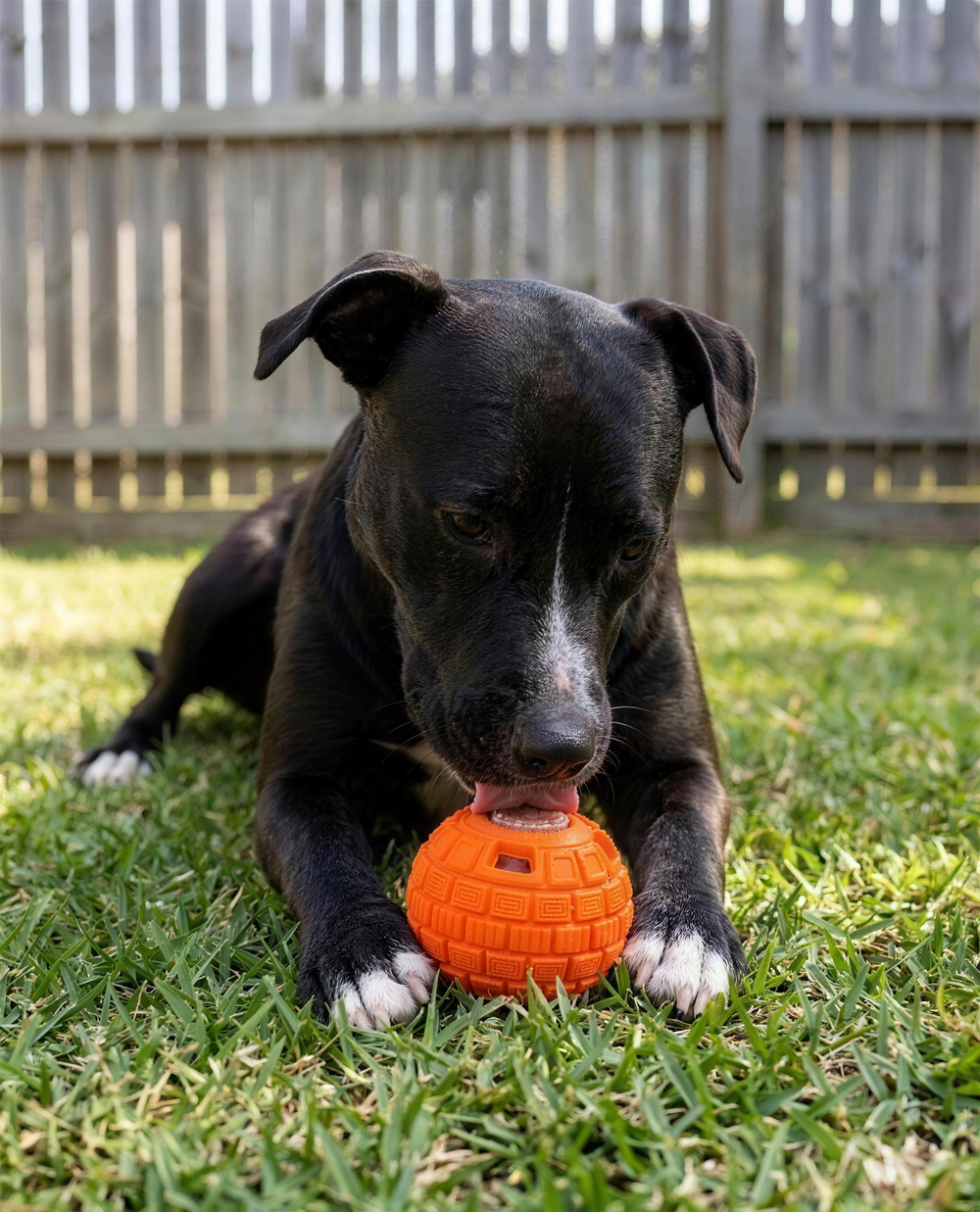 Ruby, a black and white staffy, licking a frozen pop from The Ruby on the lawn