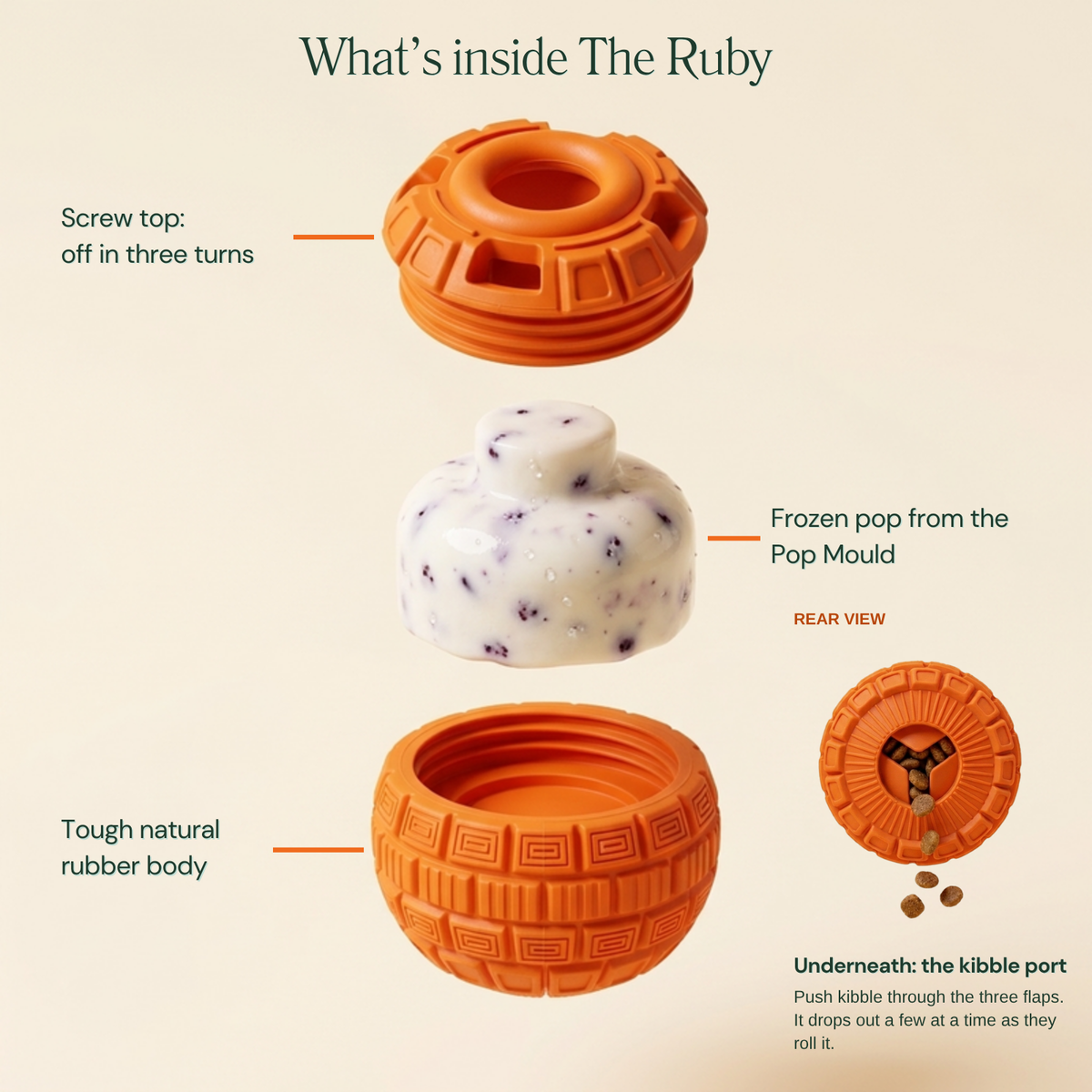 What's inside The Ruby: screw top, frozen pop, tough rubber body, and the kibble port underneath