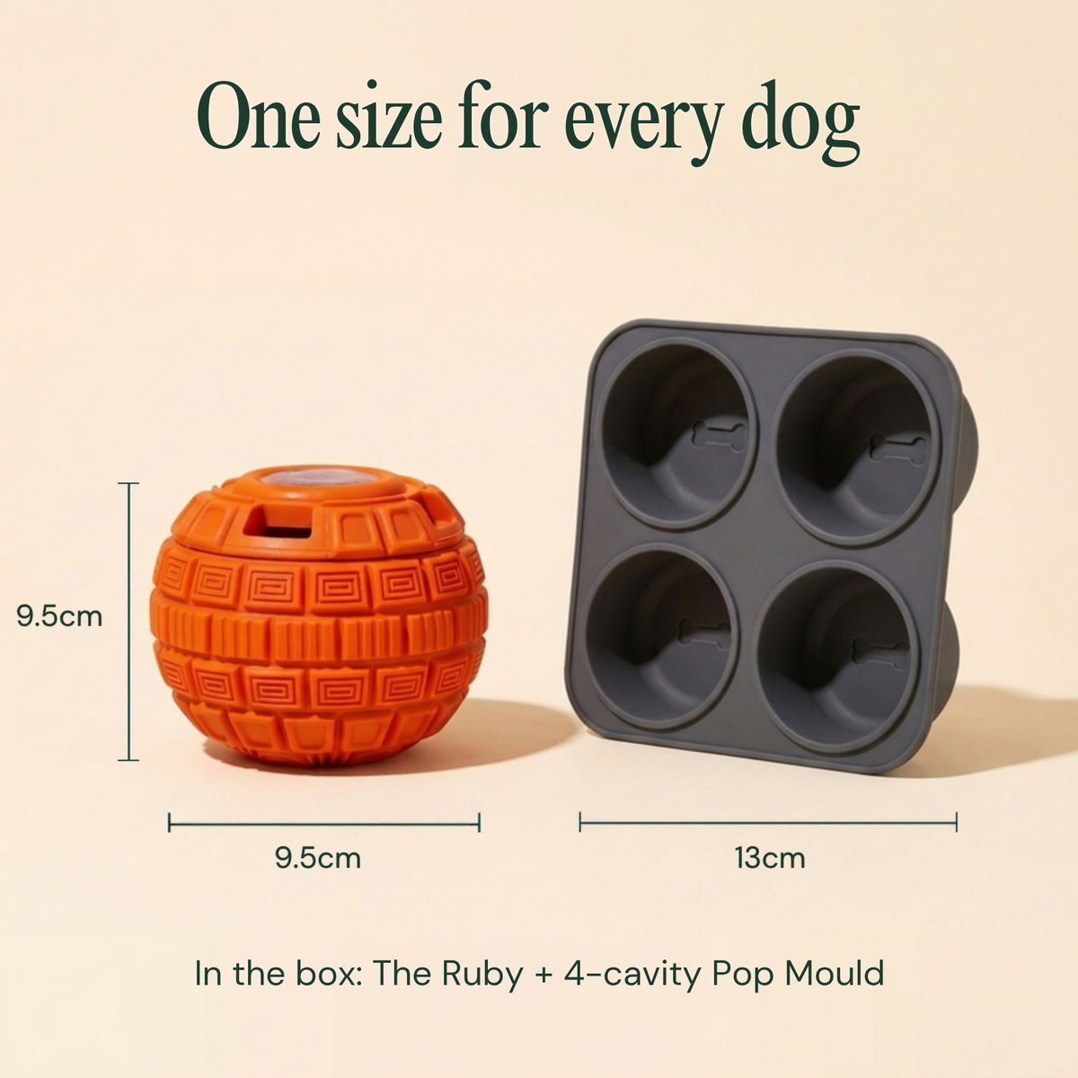 One size for every dog: The Ruby is 9.5cm, the Pop Mould is 13cm. In the box: The Ruby and a 4-cavity Pop Mould