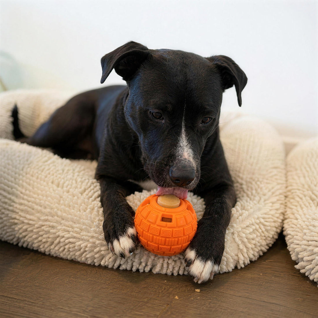 Ruby, our black and white staffy, with The Ruby on her bed