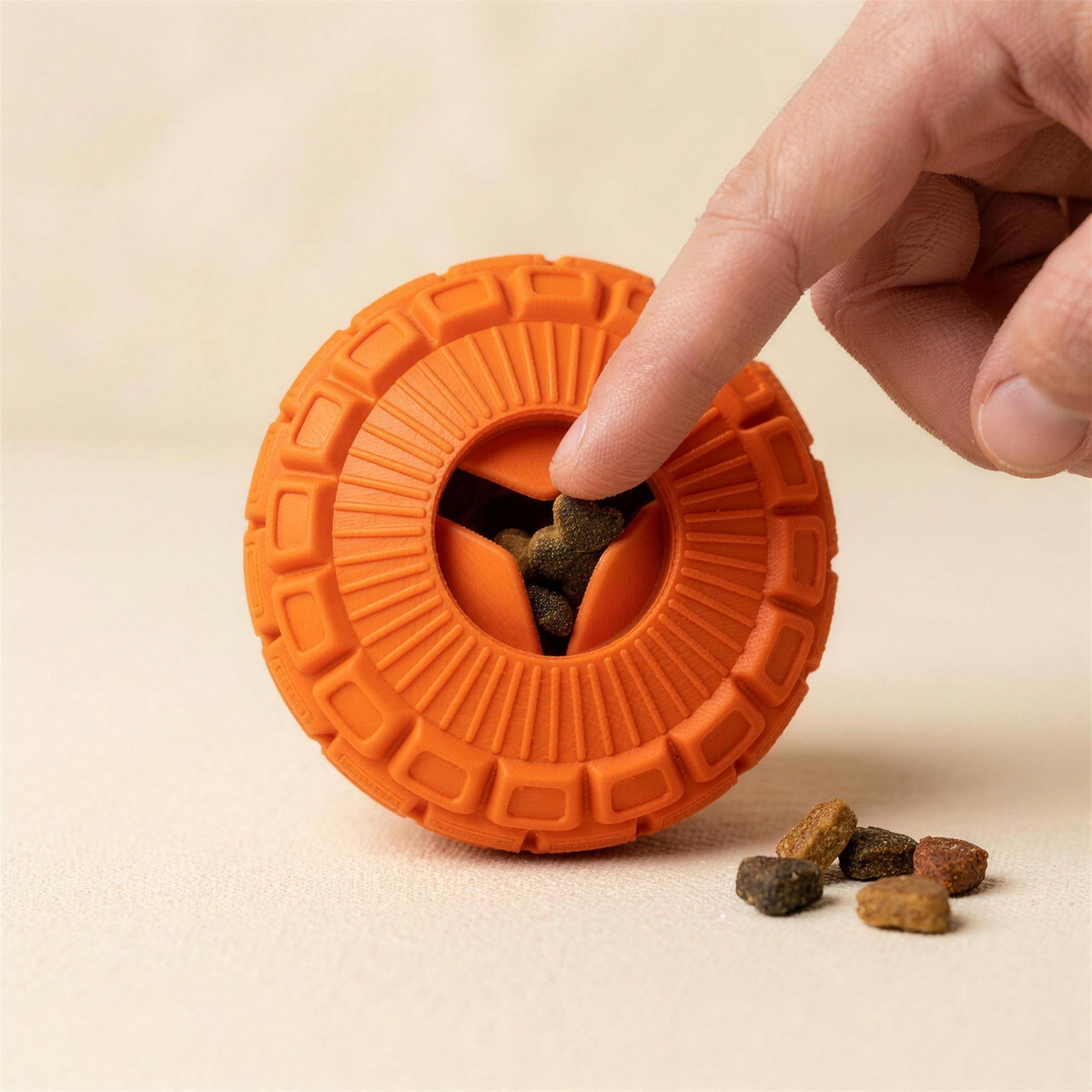 Pushing kibble through the three-flap port in the base of The Ruby